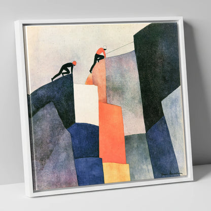 Climbers Ascending a Geometric Crag lake district walking canvas wall art in white frame