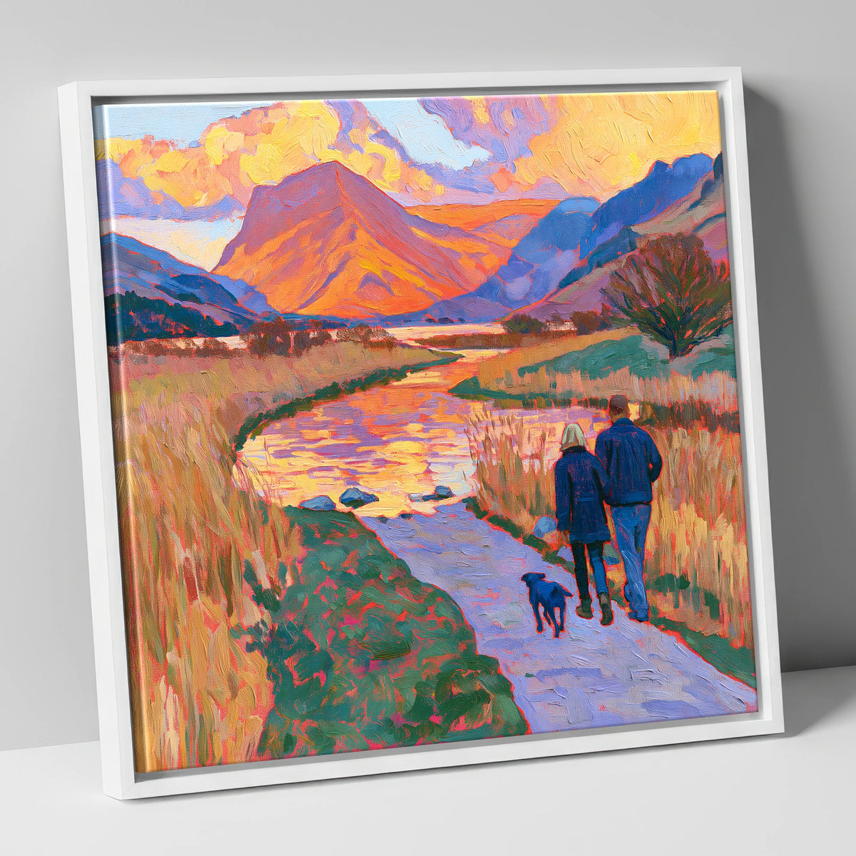Sunset Dog Walk at Buttermere gifts for dog walkers canvas wall art in white frame