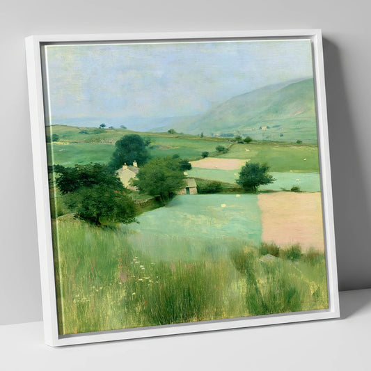 Patchwork Pastures in a Lakeland Dale lake district valley canvas wall art in white frame
