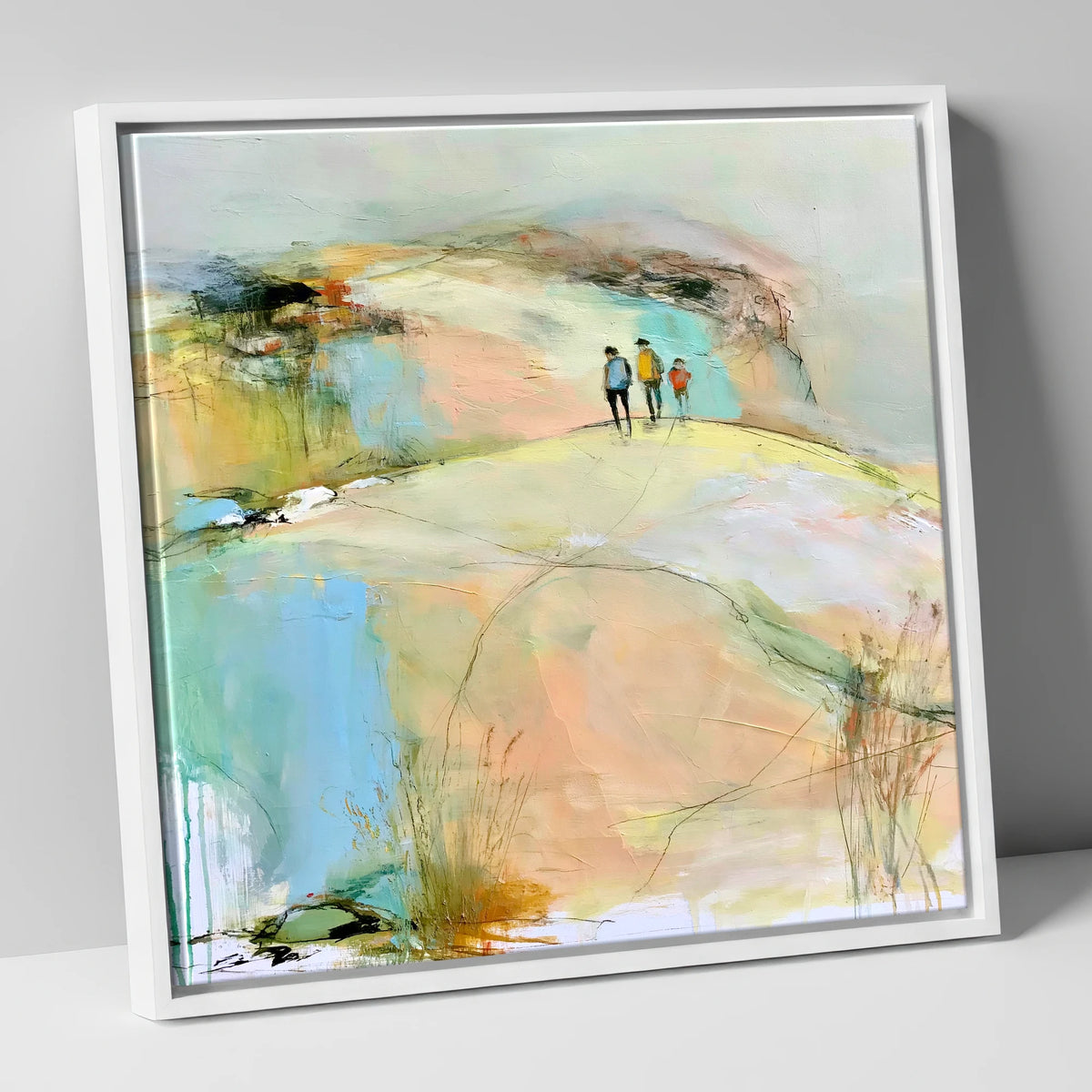 Hikers on the Pastel Fell lake district fell canvas wall art in white frame