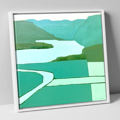 Aerial Elter Water in Teal lake district lake canvas wall art in white frame