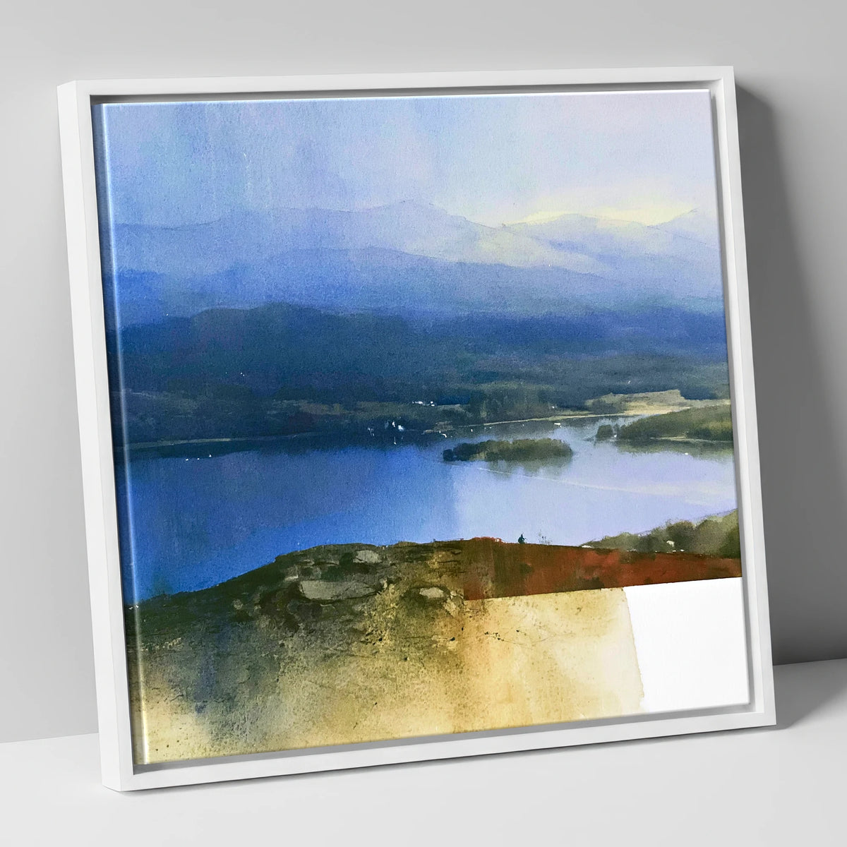 Indigo Windermere from Brant Fell lake district village canvas wall art in white frame