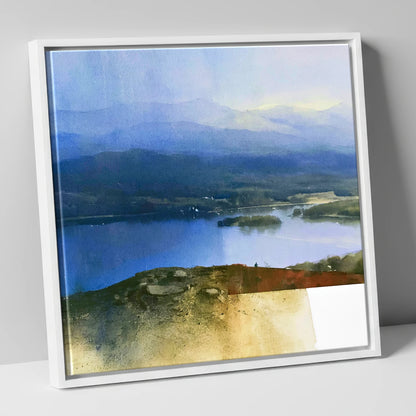 Indigo Windermere from Brant Fell lake district village canvas wall art in white frame