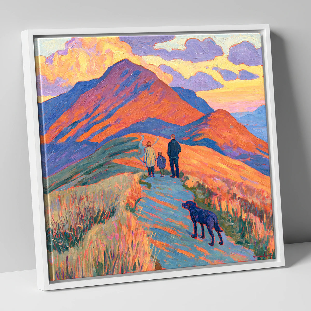 Colourful Cat Bells Dog Walk gifts for dog walkers canvas wall art in white frame