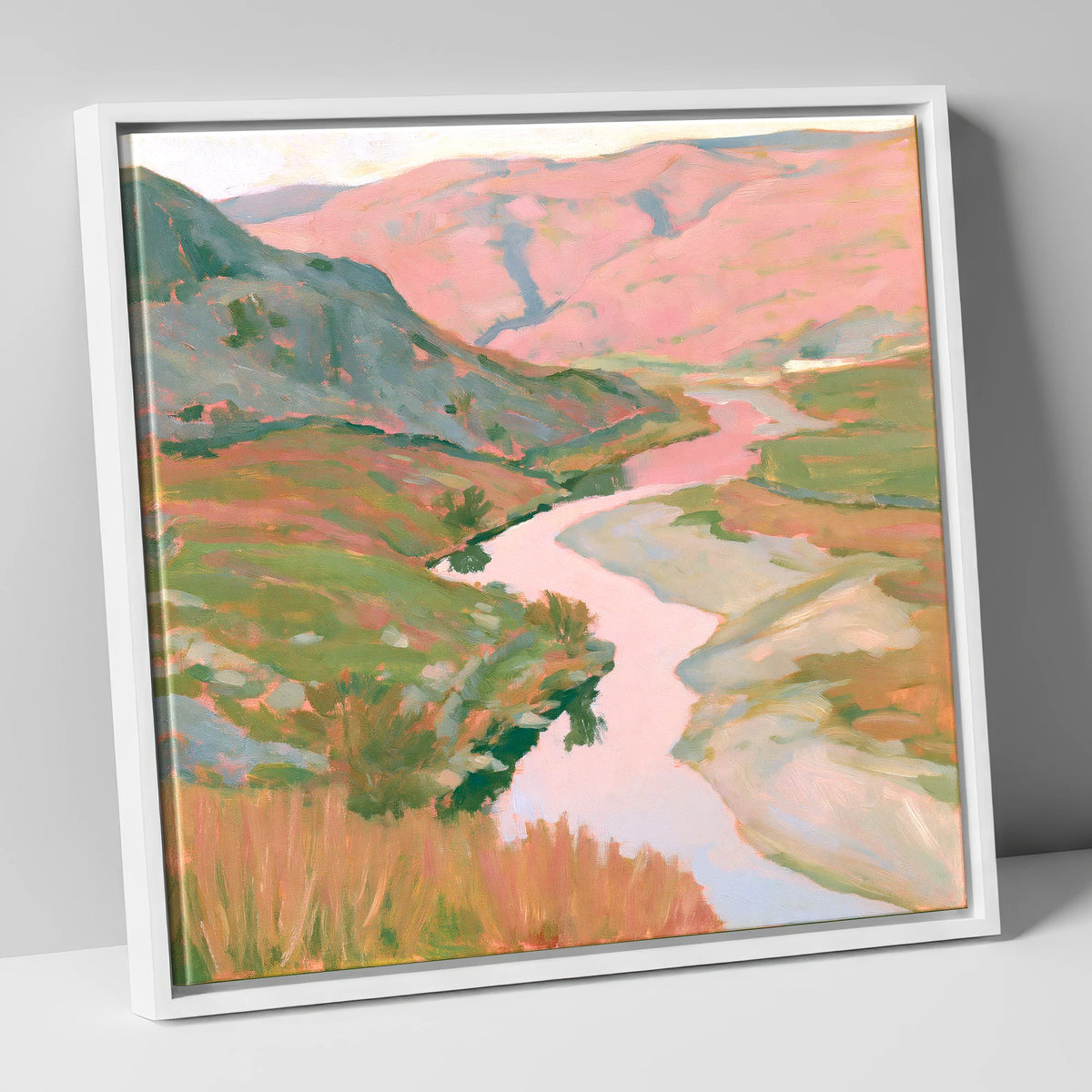 Pastel Light Over Valley River lake district waterfall canvas wall art in white frame