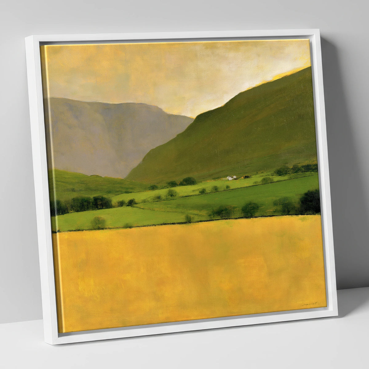 Golden Field Below the Fells lake district valley canvas wall art in white frame