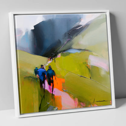 Walkers on Vibrant Fell Path lake district walking canvas wall art in white frame