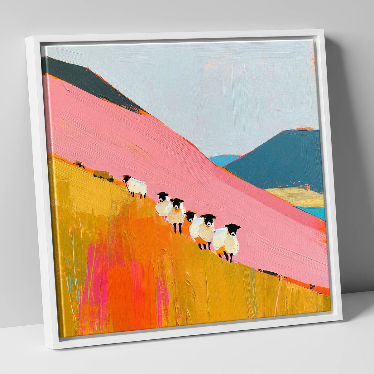 Vibrant Herdwick Sheep on Fellside lake district wildlife canvas wall art in white frame