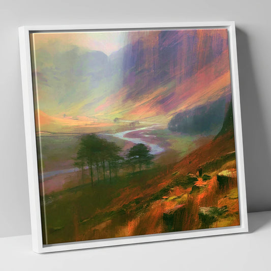 Winding River Beneath Purple Fells lake district waterfall canvas wall art in white frame