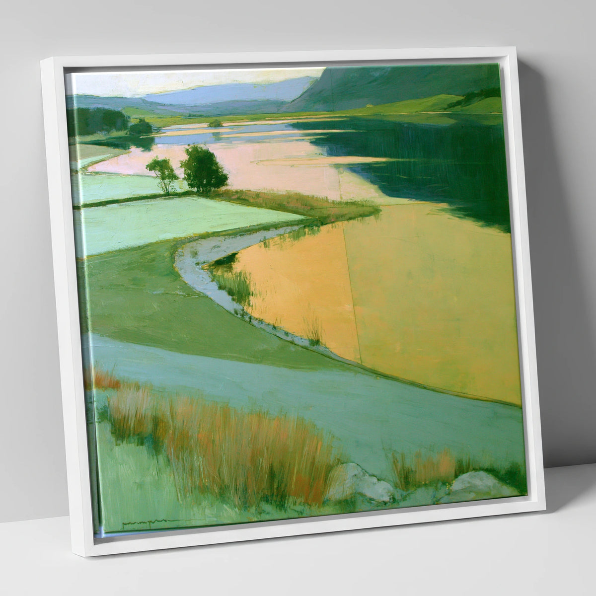 Lake and Golden Valley Fields lake district lake canvas wall art in white frame