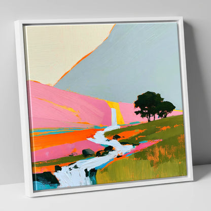 Bright Pink Fellside Beck lake district waterfall canvas wall art in white frame
