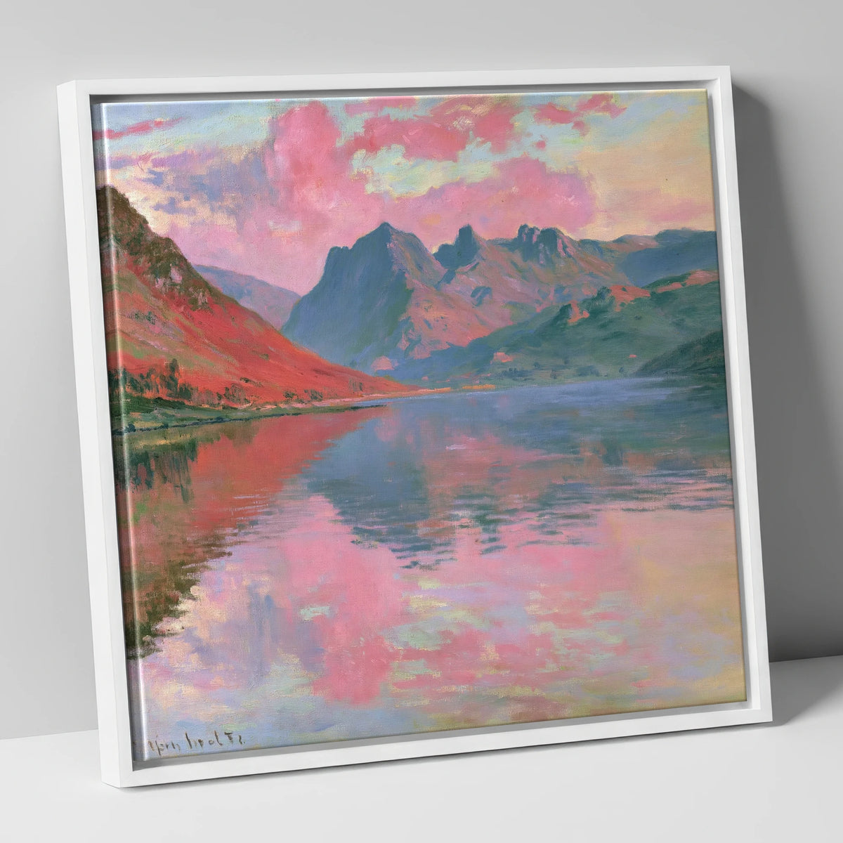 Loweswater Beneath Pink Sunset Skies lake district lake canvas wall art in white frame