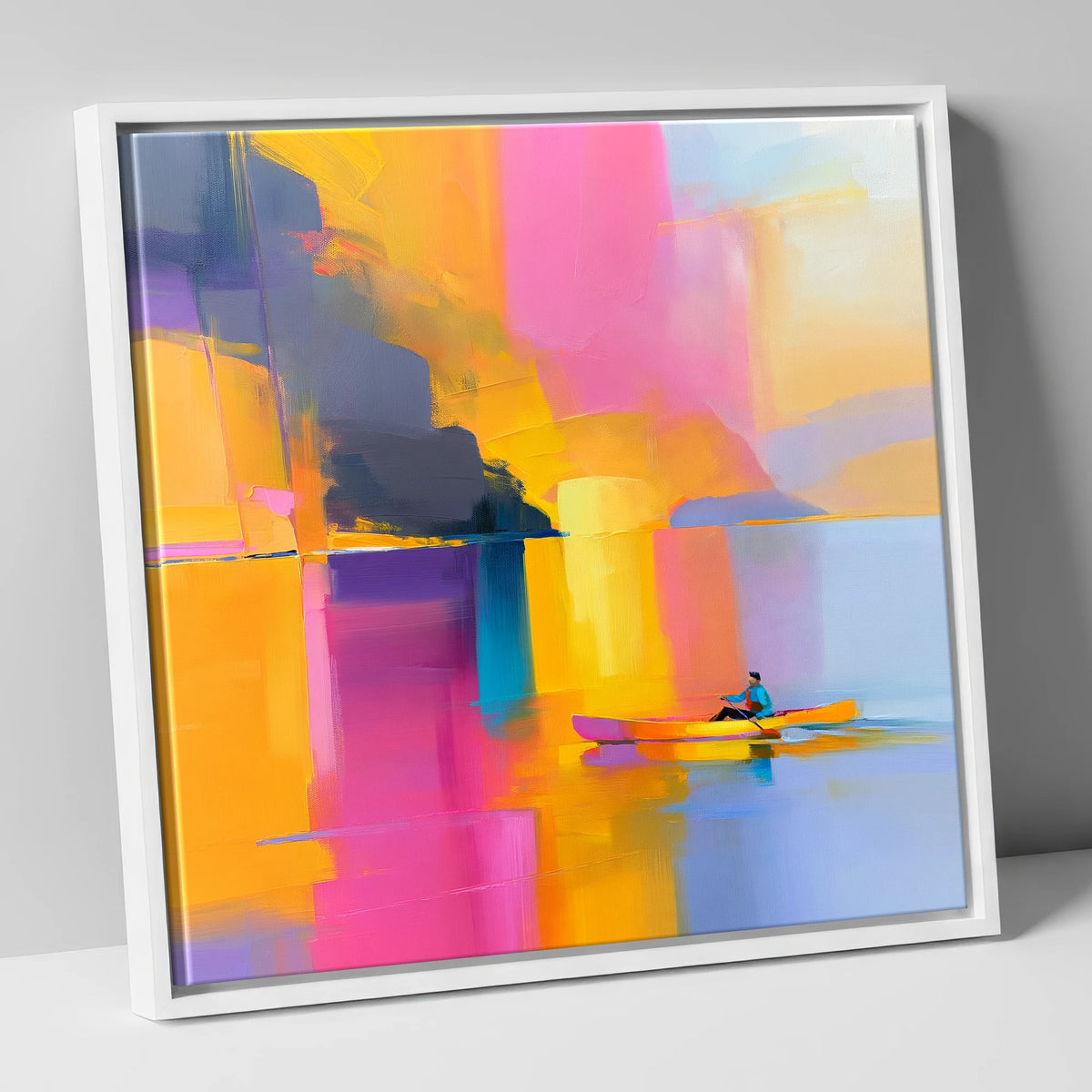 Colourful Kayaking on the Lake lake district walking canvas wall art in white frame