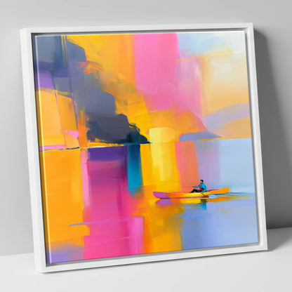 Colourful Kayaking on the Lake lake district walking canvas wall art in white frame