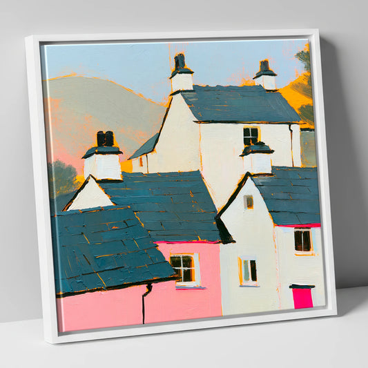 Vibrant Slate Roofed Cottages lake district village canvas wall art in white frame