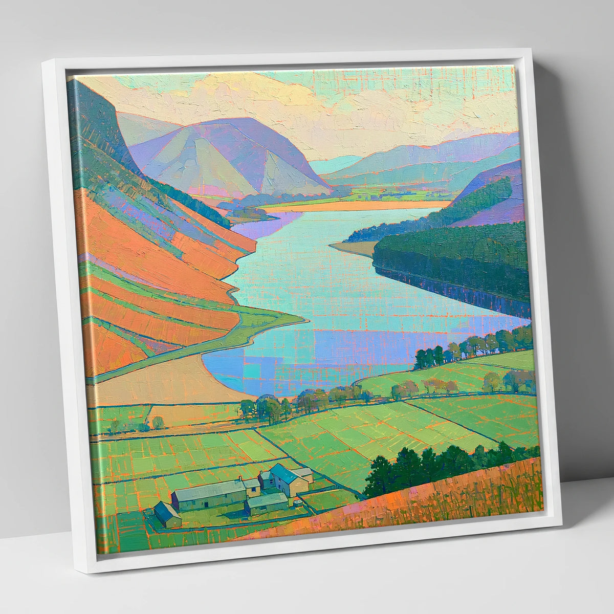 Vibrant Loweswater from Above lake district lake canvas wall art in white frame