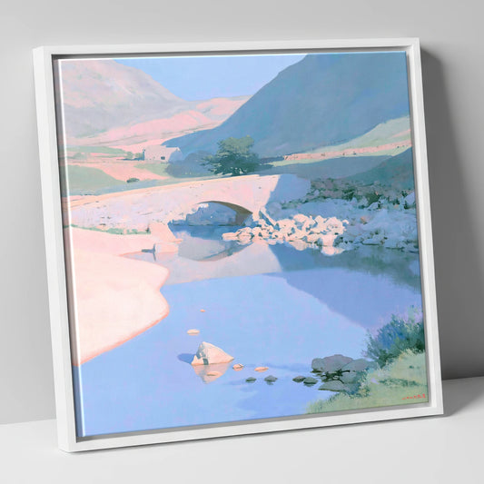 Stone Bridge In Pastel Light lake district waterfall canvas wall art in white frame