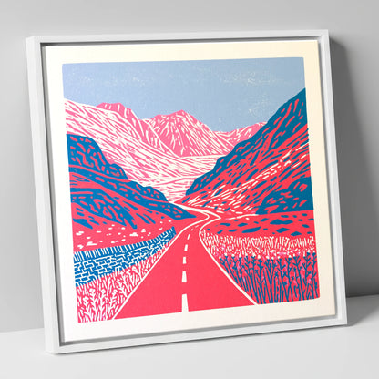 Vibrant Honister Pass Road lake district valley canvas wall art in white frame