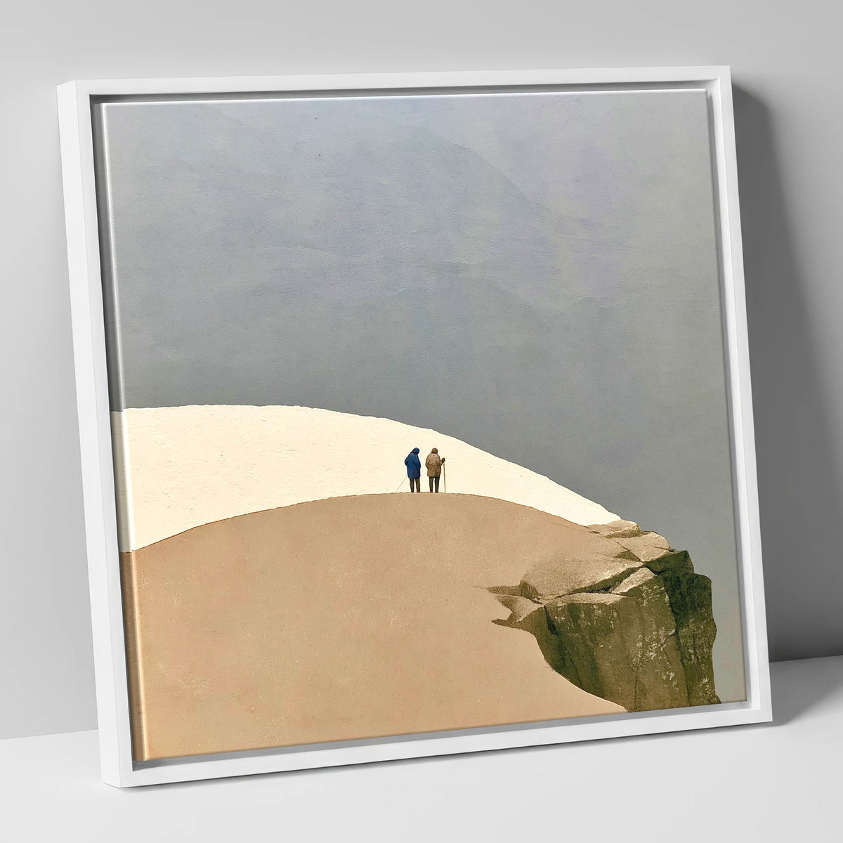 High Fell Walkers on a Snowy Ridge lake district fell canvas wall art in white frame