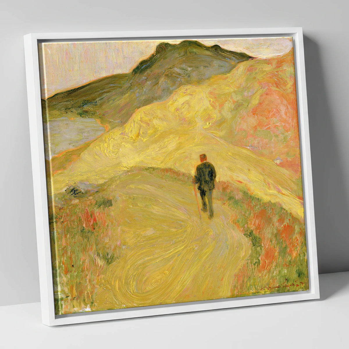 Lone Hiker on Golden Fells lake district walking canvas wall art in white frame