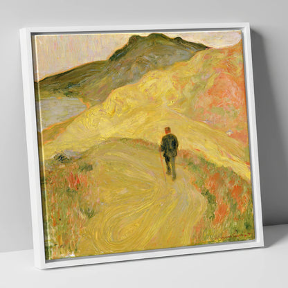 Lone Hiker on Golden Fells lake district walking canvas wall art in white frame