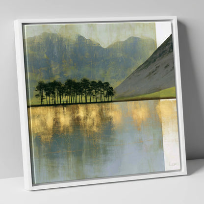 Buttermere Pines in Slate and Gold lake district lake canvas wall art in white frame