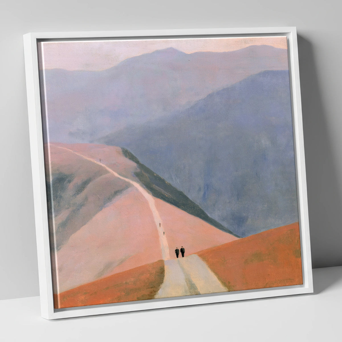 Walkers on a Pastel Mountain Path lake district walking canvas wall art in white frame