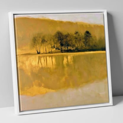 Dark Trees on Golden Lake lake district lake canvas wall art in white frame