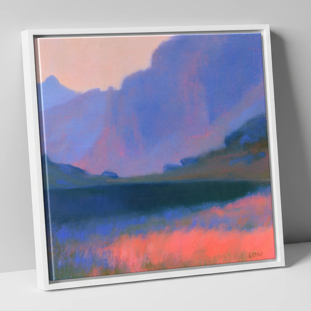 Pink Dusk at Stickle Tarn lake district fell canvas wall art in white frame