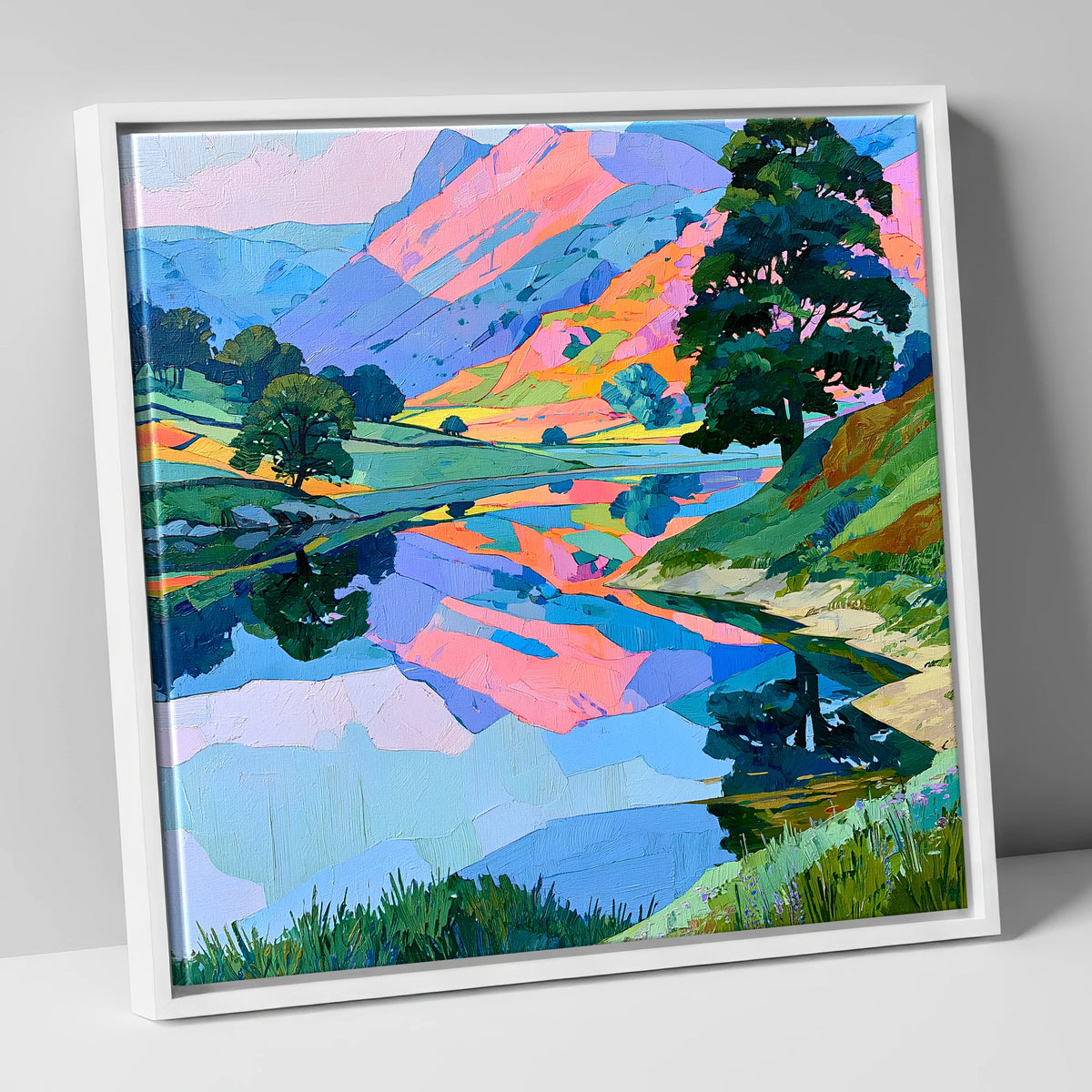 Pastel Fells and Calm Lake Reflections lake district lake canvas wall art in white frame
