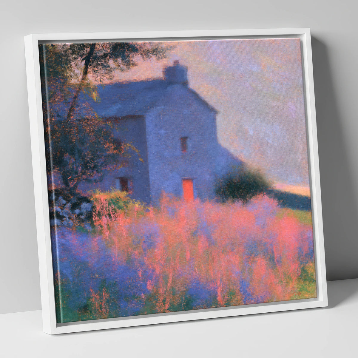 Stone Cottage in Pink Twilight lake district village canvas wall art in white frame