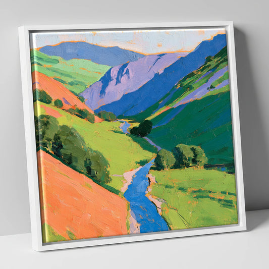 Cobalt River In Green Valley lake district valley canvas wall art in white frame