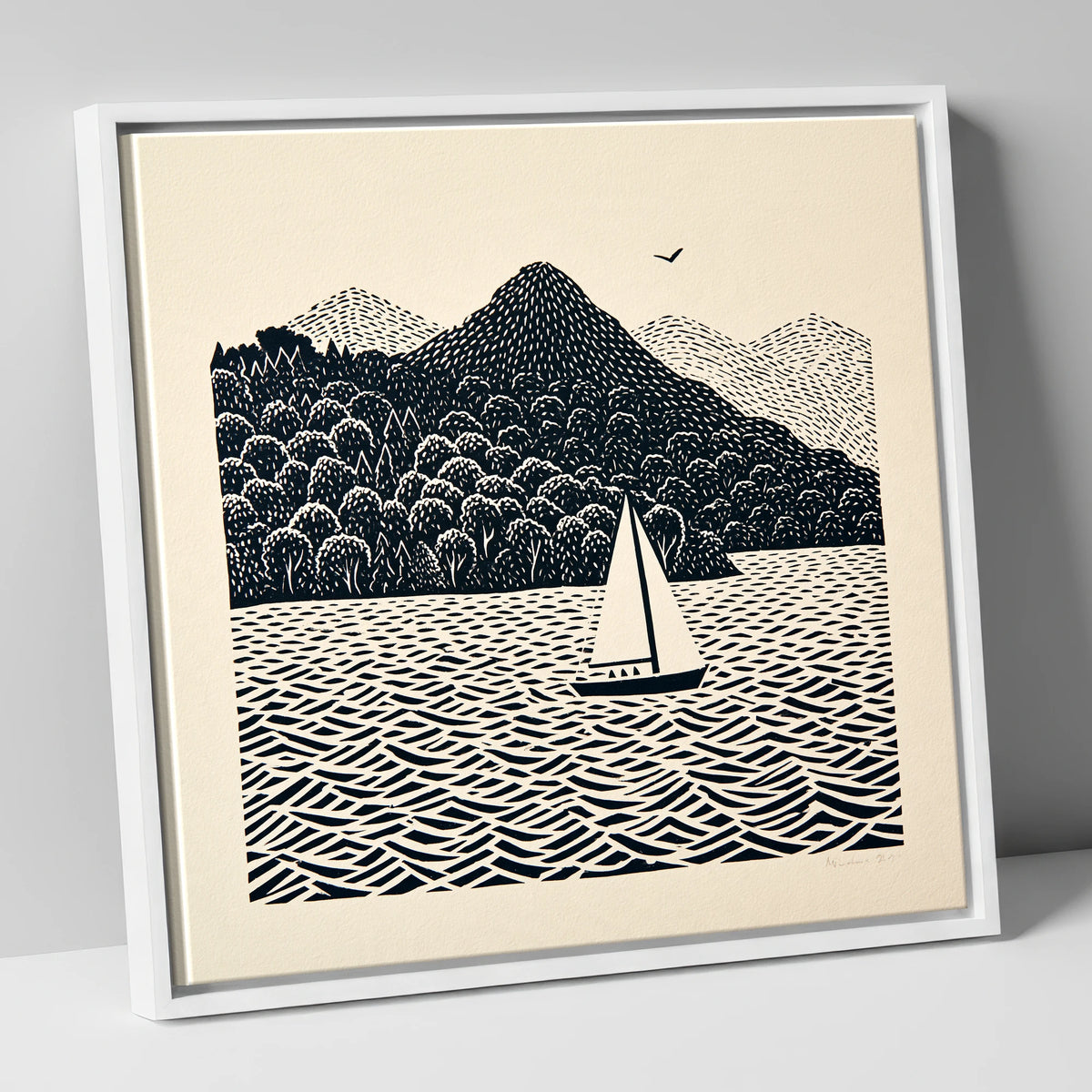 Monochrome Windermere Sailboat lake district lake canvas wall art in white frame