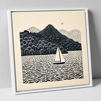 Monochrome Windermere Sailboat lake district lake canvas wall art in white frame