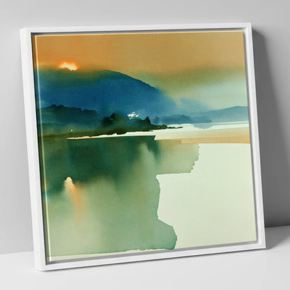 Teal and Gold Lake Sunset lake district lake canvas wall art in white frame