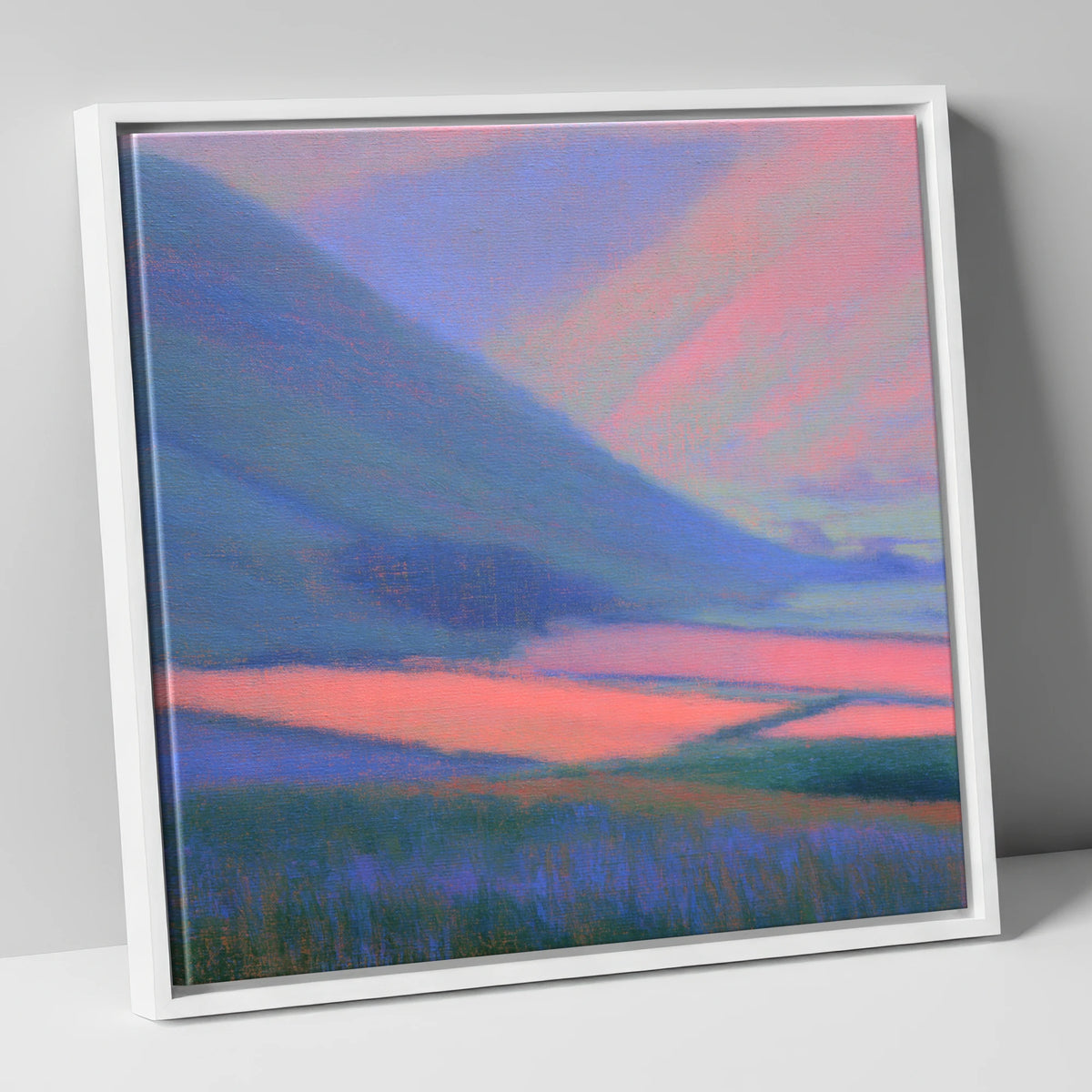 Pink Light on Dale Fields lake district valley canvas wall art in white frame