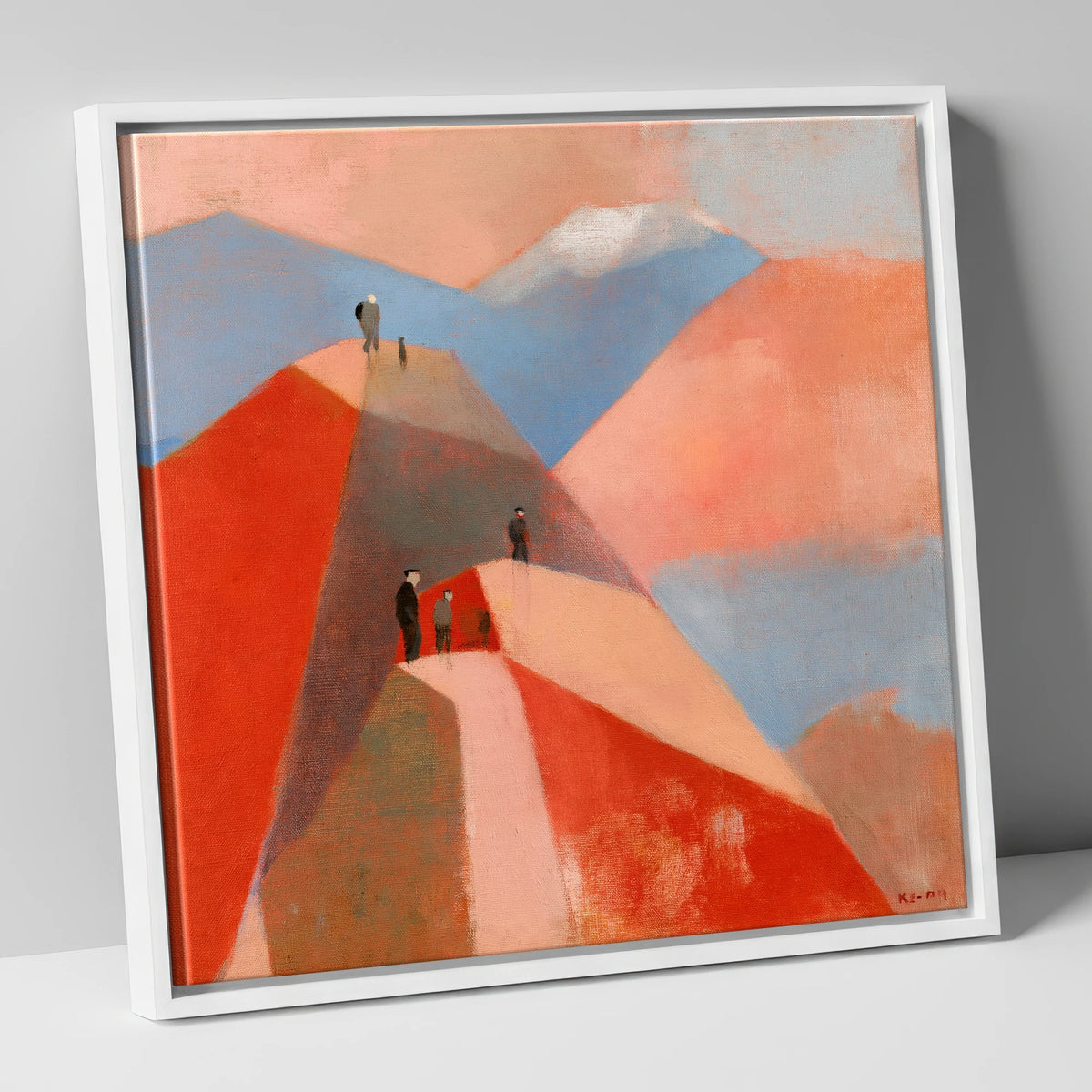 Hikers on Terracotta Fell Top lake district fell canvas wall art in white frame
