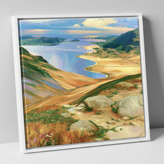 Vibrant Summit View over Water lake district fell canvas wall art in white frame