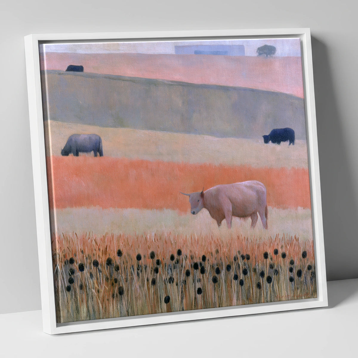 Highland Cattle in Pastel Fells lake district wildlife canvas wall art in white frame