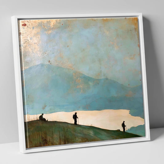 Silhouetted Walkers on Catbells lake district fell canvas wall art in white frame