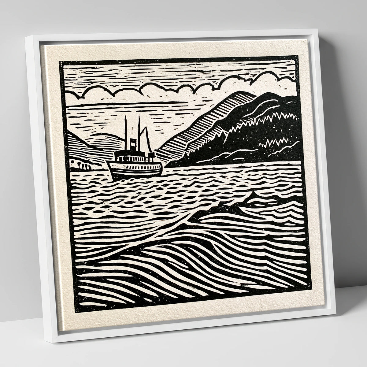 Monochrome Steamer on Ullswater lake district lake canvas wall art in white frame