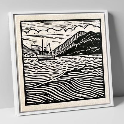 Monochrome Steamer on Ullswater lake district lake canvas wall art in white frame