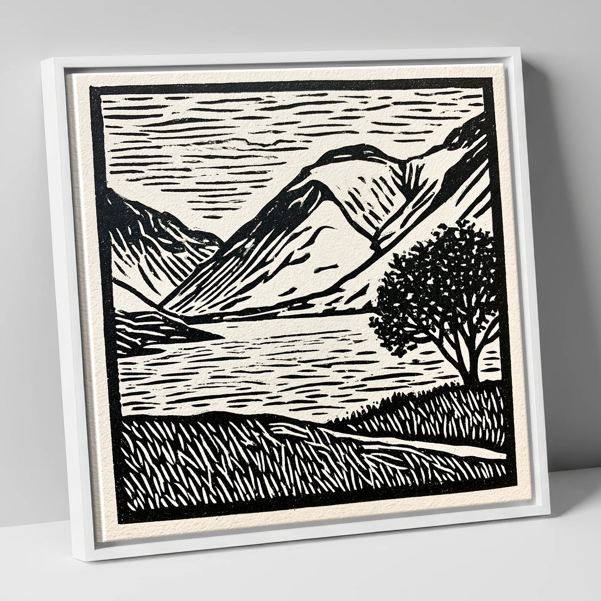Wasdale in Black and White lake district valley canvas wall art in white frame