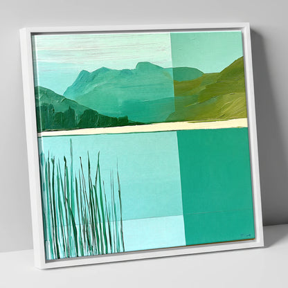 Teal Reeds at Elterwater lake district lake canvas wall art in white frame