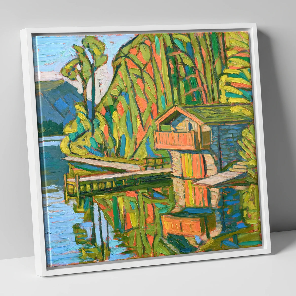 Vivid Pooley Bridge Boathouse lake district village canvas wall art in white frame