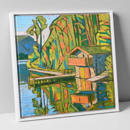 Vivid Pooley Bridge Boathouse lake district village canvas wall art in white frame