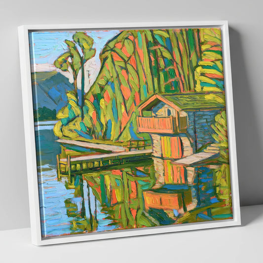 Vivid Pooley Bridge Boathouse lake district village canvas wall art in white frame