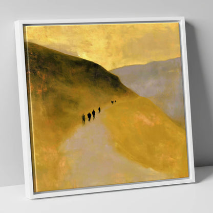 Walkers on a Golden Fell Path lake district walking canvas wall art in white frame