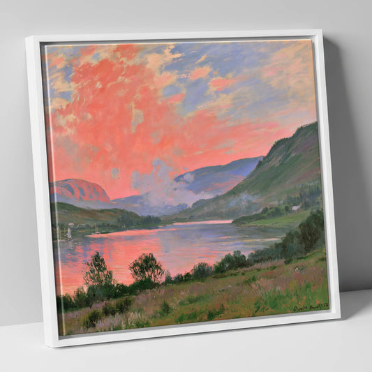 Coral Sunset Over The Lake lake district lake canvas wall art in white frame