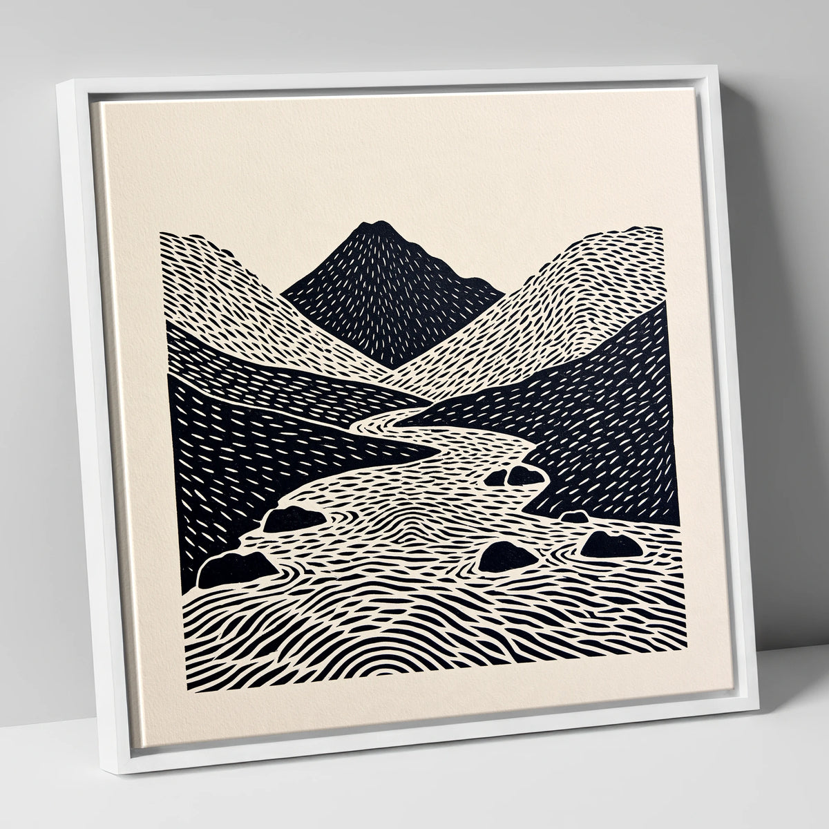 Bold Scafell Pike and Beck lake district fell canvas wall art in white frame